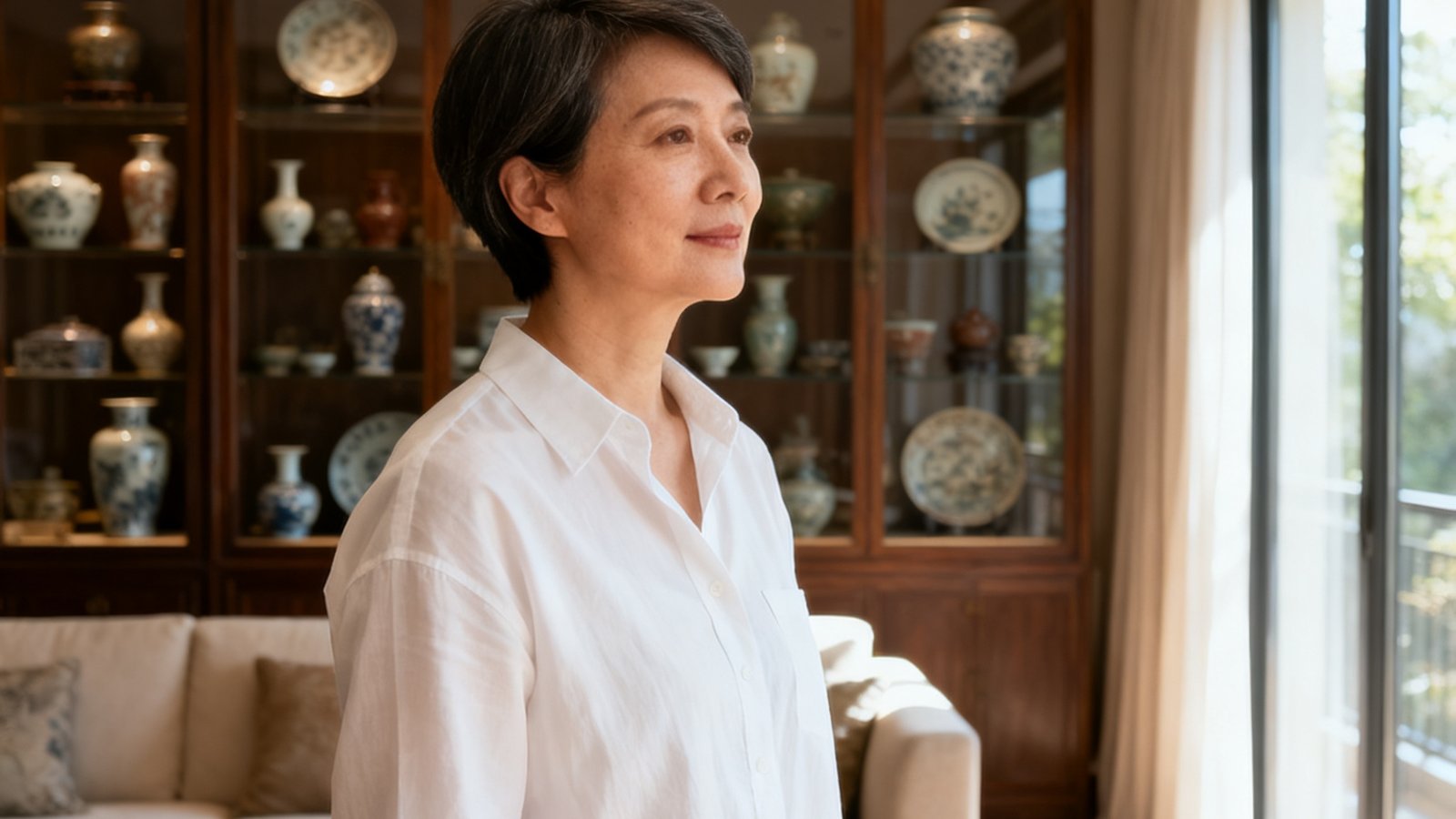 一位45岁左右的女性藏家，短发干练，身着白色衬衫，站在自家客厅中，身后的展示柜里陈列着各式古董瓷器，阳光从侧面落地窗照进来，整个空间明亮而雅致。